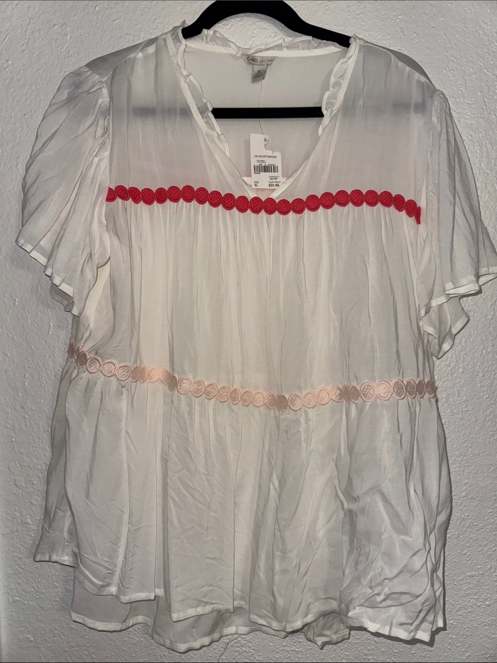 Cato White Short-Sleeve Blouse with Red and Pink Trim